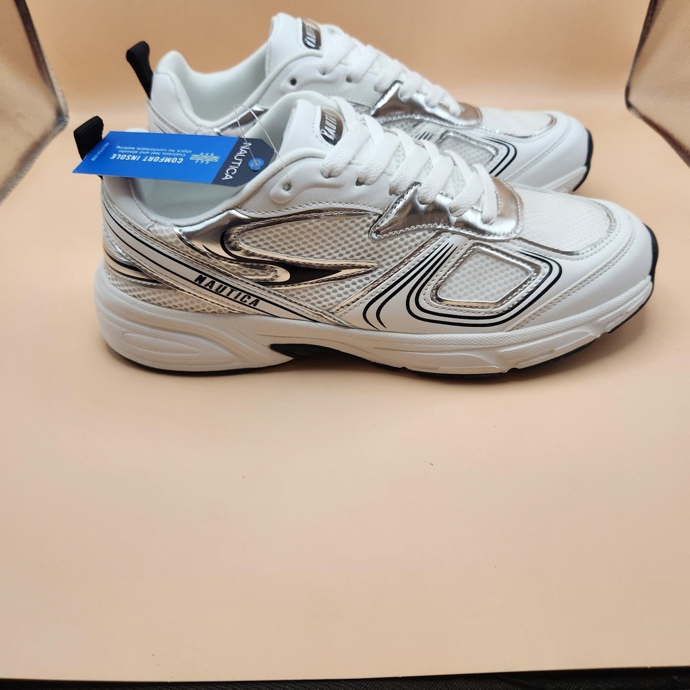 Nautica Perelto Shoes Womens Size 9.5 White Black Silver Comfort Jogger Sneakers